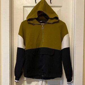 Olive Green Black White Colour block Hoodie Sweatshirt